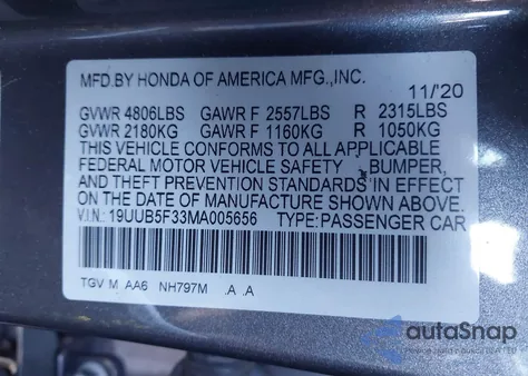 2021 Acura Tlx Standard z USA, uszkodzony, nr VIN 19UUB5F33MA005656